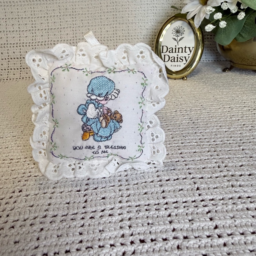 Precious Moments Embroidered Decorative Pillow with Lace Trim